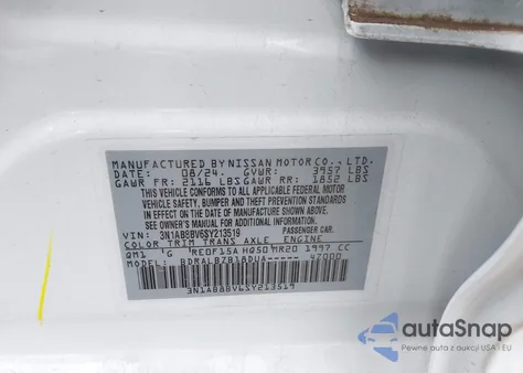2025 Nissan Sentra S z USA, uszkodzony, nr VIN 3N1AB8BV6SY213519